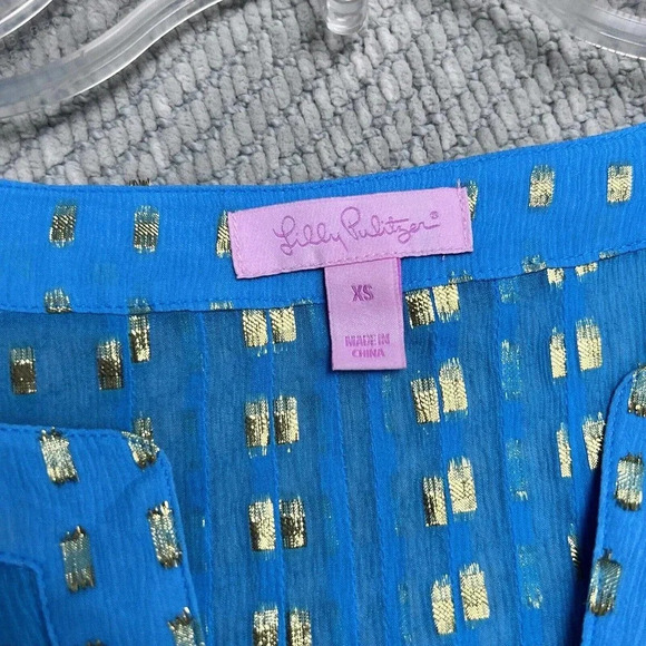 Lilly Pulitzer Colby Blue Top Silk Tunic Blouse XS Gold Sheer Ocean Beach Prep - Picture 3 of 9